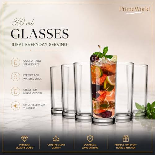 Image of PrimeWorld Premium 7 pcs Set of Water Jug and Glasses Set of 6 Pcs and Jug Set - Glasses 300ML, Jug 1.3 Liter, for Dining Table, Juice, Iced Tea, Milk, Cold Brew Coffee, Lemonade - Fridge Storage