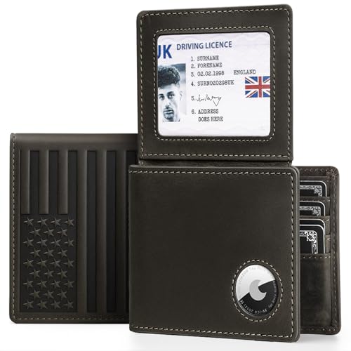 VMAN Airtag Wallet for Men - Full Grain Leather Bifold Wallet, Mens Wallet with Airtag Holder RFID Blocking with 2 ID Windows 2, 12 Card Holders Capacity Gift for Men(American Flag)