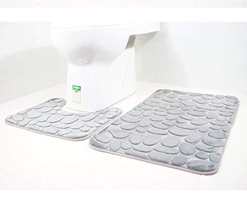 rutschfeste 3 Badteppich Set Super Soft Badteppich und WC Vorleger Memory Foam Pebble Dusche Matte Schnell trocknend Badezimmer Matte Teppich, U-förmigen Contour Matte und WC-Sitz Bezug,Grau – Bild 4