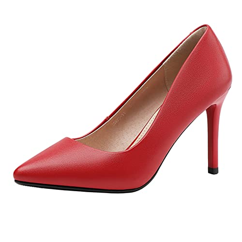 Jamron Mujer Cuero Genuino 9CM Tacones Altos Elegante Puntiagudo Pumps Oficina Zapatos de Trabajo Rojo SN602C015 3 EU37