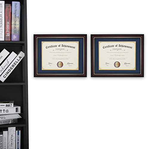 Image of ELSKER&HOME Diploma Frame - Classic Cherry Wood Color Wide Frame - ONLY Fits 11x14 Document /Certificate - Acrylic Plate - Table Top or Wall Mount Display (Double Mat, Navy Mat with Golden Rim) | Document Frames 11x14 with Mat or Certificate 15x18 without Mat Table Top or Wall Mount (Navy Mat with Golden Rim)
