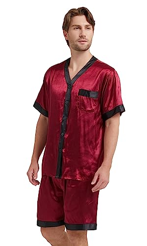 Men's Satin Silk Pajamas Set Short Sleeve Tops with Shorts V Neck Button Down Sleepwear 2 Pieces Loungewear4