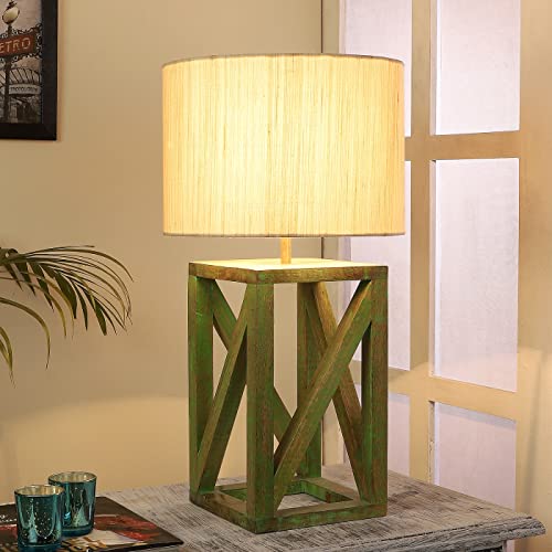 Image of tu casa Mango Wood Table Lamp with Satin Fabric Shade | Decorative Bedside Night Lamp for Bedroom & Living Room | Wooden Study Table & Nightstand Lamp for Home Decor & Gifting