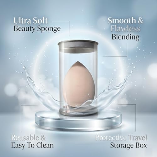 Image of Premium Beauty Blender Makeup Sponge with Plastic Storage Bottle | Ultra Soft Reusable Cosmetic Puff for Foundation, Concealer & Cream Blending | Travel Friendly Makeup Blender Sponge 1 Pc (Color May Vary)