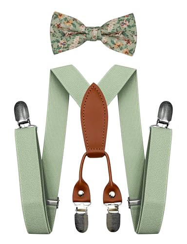 BEWDIO Floral Baby Bow Tie and Suspenders, Sage...