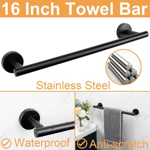 Image of JIALTO 5-Piece Bathroom Towel Holder | Towel Rod | Toilet Roll Stand | Wall Mounted Bathroom Fittings Full Set - 16 Inch Hand Towel Bar | Toilet Paper Holder | Adhesive Hooks(Black, 5 - Pieces Set)