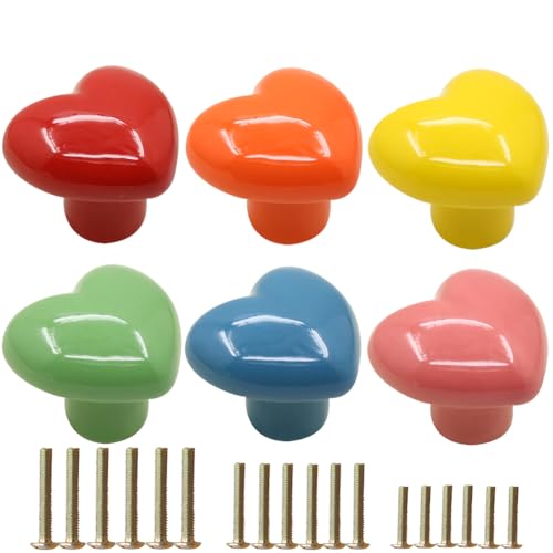 Image of 6 Colors, 1 Each Colorful Cabinet Door Handle Wardrobe Drawer Heart Single Hole Dressing Tables Furniture Handle Pull (1, 6 Colors, 1 Each Including red Orange Yellow Green Pink and Blue)