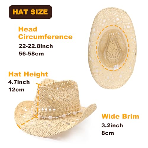 Image of DRESHOW Straw Cowboy Cowgirl Hat for Women Men Western Coastal Cowboy Beach Hat with Shapeable Brim Unisex Rolled up Caps