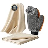 Premium Autoledertuch Echtleder | 2in1 Set inkl. Waschhandschuh Auto Reinigungsset mit Fensterleder echt Leder | Streifenfrei & Saugfähig | Autoleder für innen & außen | Auto Ledertuch Auto Zubehör