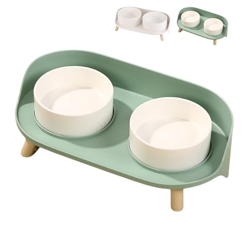 猫 犬 エサ台 猫食器 犬食器 ペットの食器 浅広口タイプ ペット 食器スタンド フードボウル 水ボウル 犬 猫用 セラミックボウル 陶器碗 木製 陶器製皿 2付き食べやすい斜め餌台面 ペット用品 グリーン (グリーン)