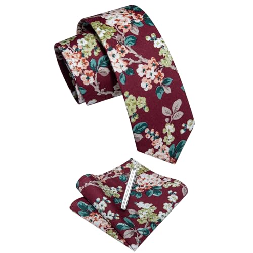 Image of YourTies Cotton Floral Tie for Men 2.5 inch Printed Skinny Necktie Pocket Square Tie Clip Set Flower Wedding Party Groom