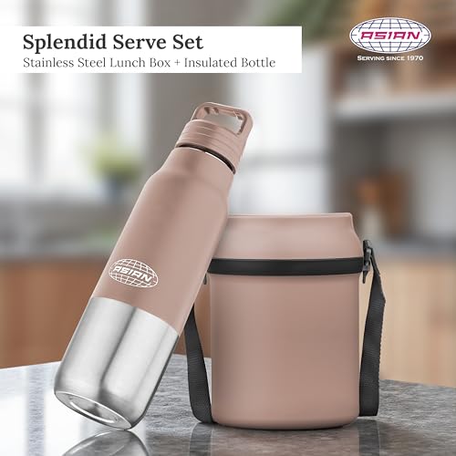 Image of ASIAN Stainless Steel Lunch Box (700ml) & Insulated Water Bottle (500ml) Combo Gift Set | Leakproof Steel Tiffin & Flask for Kids | BPA Free Back to School Essential Kit (Brown)