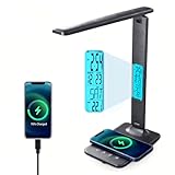 M-Xeotei LED Desk Lamp with 10W Wireless Charger & USB Port, Eye-Caring Dimmable Touch Control Lamp with Clock Display, Adjustable Foldable Arm, 5 Brightness & 3 Color Modes for Home Office Study
