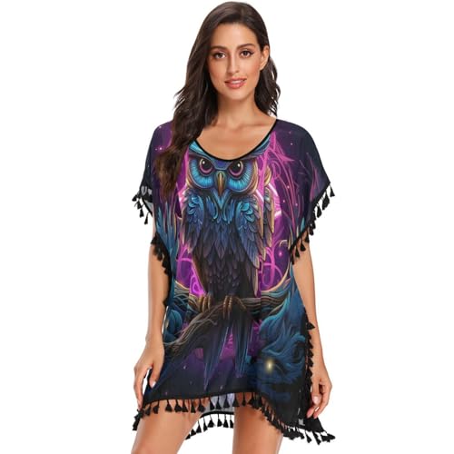Cool Purple Owl Women's Beach Cover Up Chiffon Tassel Swimwear Swimsuit Coverups for Girl