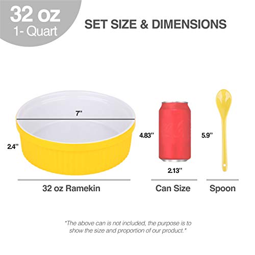 Souffle Dish Ramekins for Baking – 32 Oz, 1 Quart Large Ceramic Oven Safe Round Fluted Bowl with Mini Condiment Spoon for Soufflé Pot Pie Casserole Pasta Roasted Vegetables Baked Desserts (Yellow Set)