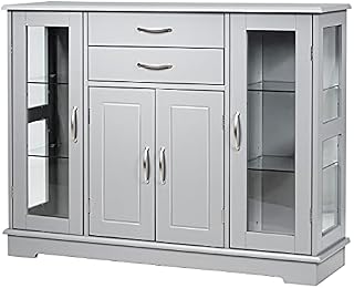 TANGZON Storage Cabinet, Sideboard with 2 Glass Doors, 2 Drawers & Adjustable Shelves, Wooden Buffet Cupboard for Kitchen, Dining Room and Living Room (Gray)