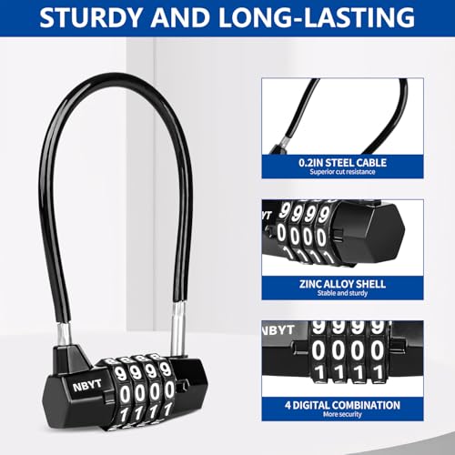 Image of Cable Locks with Combination,Steel Cable Rope Wire 4-Digit Combination Lock with Resettable Code for Bikes, Lockers, File Cabinets, Wardrobes, Small Fences,gate Lock, Pool Padlock.