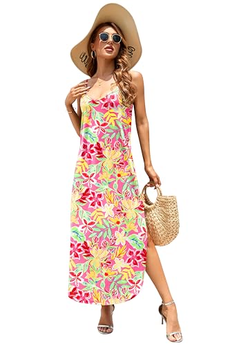 Image of HUSKARY Women's Summer Casual Sleeveless V Neck Strappy Split Loose Dress Beach Cover Up Long Cami Maxi Dresses with Pocket