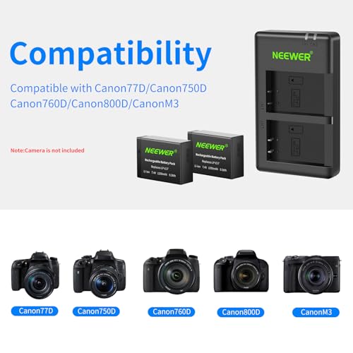 Image of Neewer 2-Pack LP-E17 Replacement Battery and Dual USB Charger Compatible with Canon EOS R50 R100 RP R10 R8, Powershot V1, T8i T7i T6i T6s SL2 SL3 M3 M5 M6 200D 750D 760D 800D 8000D Camera