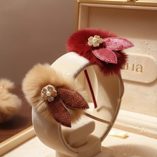 Image of Alvero 1Pc Fluffy Bunny Ear Hairband for Girls, Soft Faux Fur Headbands with Glitter Ears & Floral Design - Cute Kids Hair Band for Party, Birthday (Any Random Color)