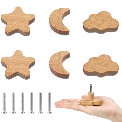 Aolso Boutons de Tiroir en Bois, 6pcs Poignées de Meubles Nuages blancs, étoiles, lune, Poignée Meuble Bois avec Vis, Poignée de Meuble pour Poignée...