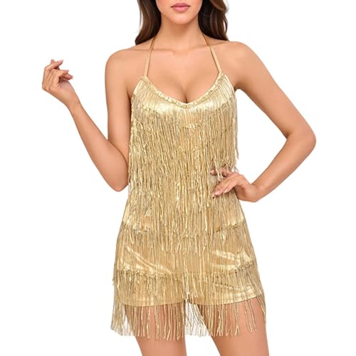 Image of Women's Sequin Fringe Romper Jumpsuit Backless Shorts Dress Sparkly Glitter Jumpsuits Disco Outfit Nightclub Party