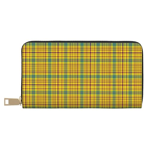 Retro Yellow Plaid Print Wallet Women Men, Long PU Leather Wallets for Women, Cute Womens Travel Wallet Purse Pouch with Zipper Pocket