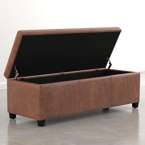 Image of SIMPLIHOME Avalon 48 inch Vegan Leather Ottoman in Distressed Pecan Brown
