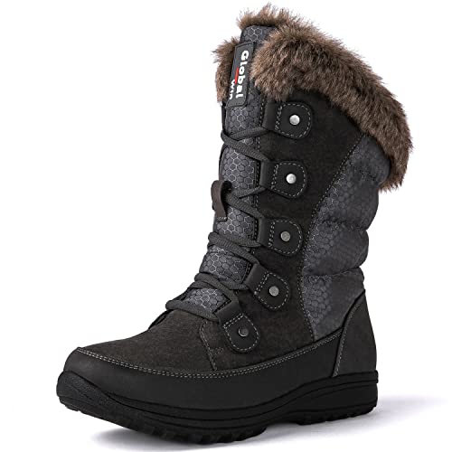 GLOBALWIN Women's Snow Boots Waterproof Mid-Calf Grey Winter Boots For Women With Warm Fleece Lining, Stylish Fur Boots For Women With Non-Slip Sole And Quilted Comfortable Boots Size 10M