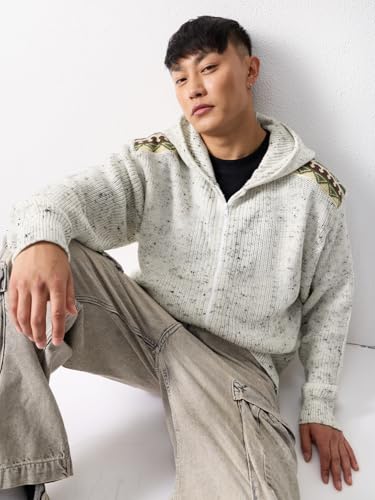 Image of The Souled Store Souled Originals: Cookies & Cream Men and Boys Full Sleeves Hooded Spread Collar Off White Graphic Applique Acrylic Blend Oversized Fit Zip-Up Knitted Sweater