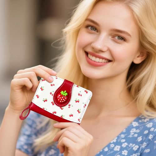 Image of Cute Print Wallet Blueberry Strawberry Cherry Wallet with Credit Card Slot Zipper Coin Pocket for Women Girls (RED STRAWBERRY)