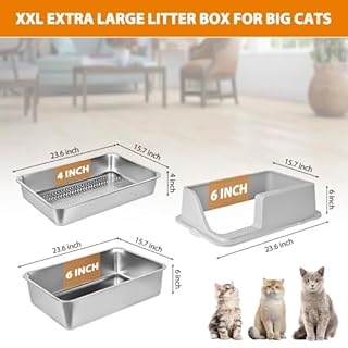 Homegroove Stainless Steel Sifting Litter Box for Pine Pellets, 23.6''x15.7''x12''(60x40x15cm) High Sides Metal Cat Litter Box with Lid for Indoor Cats with Plastic Scoop &10 Urine Pads (6 Inch)