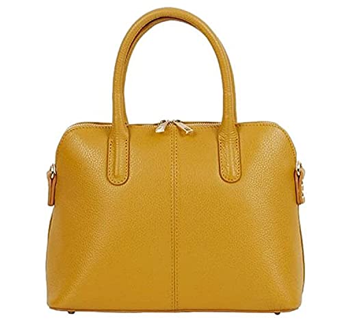 Image of Handbag Bliss Women Top Handle Grab Bag Bowling Style Grained Italian Leather Detachable Longer Strap Med Large Mustard