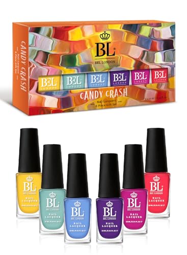BEL London Candy Crash - Nagellack Set Ohne UV Licht mit bunten Nagellacken, Ungiftig, Umweltfreundlich und Schnelltrocknender Nagellack Geschenkset, 6 Farben