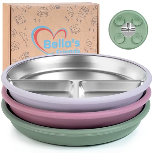 Image of Bella's Friends Stainless Steel Kids Plates 8" Suction Plate for Baby,3 Packs Non-Toxic Divided Toddler Plates,Food-Grade Silicone Plate for Baby,Dishwasher Safe,purple,dark green,rose