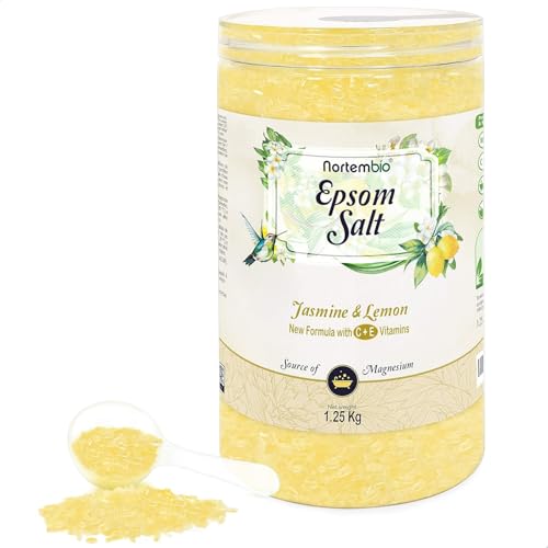 Nortembio Sales de Epsom 100% Fragancia Jazmín y Limón 1,25 kg – Fuente Natural de Magnesio | Con Vitamina C y E Hidratante | Para Baños Relajantes, Spa y Cuidado de la Piel + E-Book Gratis