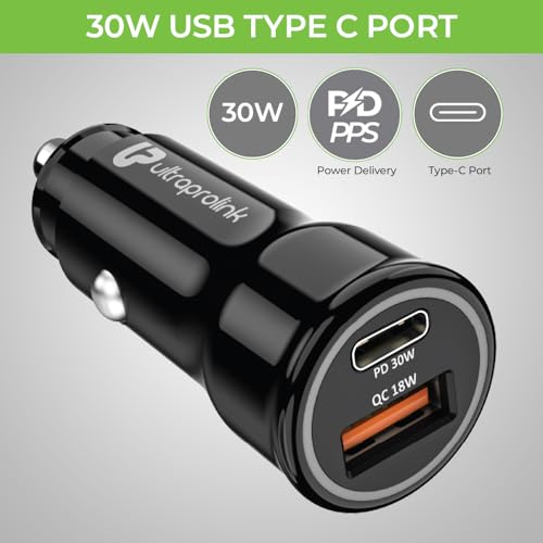 Image of Ultraprolink | 48W Dual Port Fast Car Charger|30W Type C PD-PPS Port+18W USB-A QC3.0 Port| for iPhone 14 /13 /12 /11, iPads | Includes 1m USB C to iPhone PD Cable | Mach48|UM1157L | Black