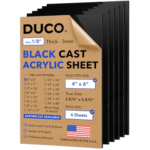 Duco 1/8" Black Cast Acrylic Sheets, 4"x6" Plexiglass Sheets, 6 Pack