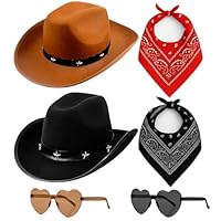 Cowboy Hat Mens Women, 6 Piece Set Cowboy Hats with Bandana and Heart Sunglasses, Star Studded Cowgirl Hat Costume Accessories for Men, Women Wild West Fancy Dress Accessory