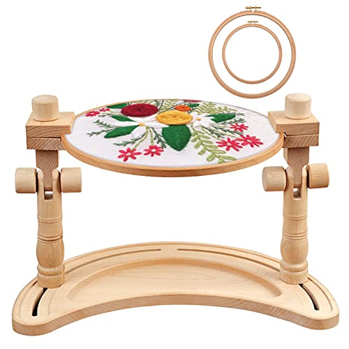 Image of ZOCONE Multifunctional Beech Wood Embroidery Hoop Stand with 2 Pcs 6'' 8'' Embroidery Hoops, Adjustable Rotated Embroidery Stand Cross Stitch Stand, Embroidery Hoop Holder for Embroidery Project (D)