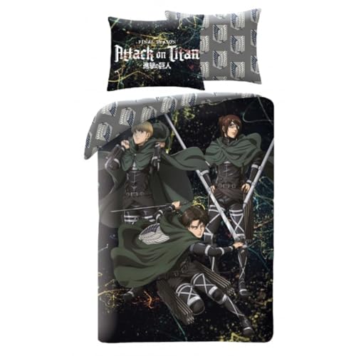 Halantex Set Letto ATTACK ON TITAN Attacco dei giganti - Copripiumino 140x200cm con federa 70x90cm - 100% Poliestere Multicolore