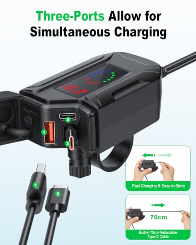 Image of EXTRACTME 3-in-1 Motorcycle USB Charger, Waterproof IP65 Motorcycle Phone Charger with LED Voltmeter, USB A & USB C, Retractable Type-C Cable, Handlebar & Mirror Mount for 12-24V Motorbike ATV