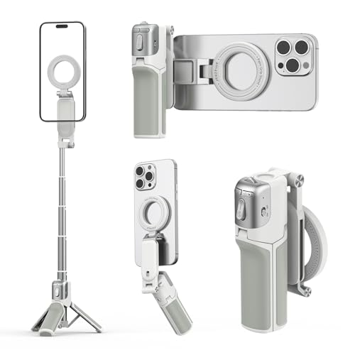 AMAZEAR Phone Camera Grip with Selfie Stick Tripod, Cellphone Accessories with Detachable Wireless Shutter Button for iPhone 16 17 Pro Max, Comfort Ergonomic Smartphone Handle Holder, White by AMAZEAR - Used condition - US$27.93