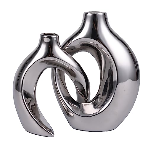 Lot De 2 Vases Creux en CéRamique - DéCoration D'IntéRieur BohèMe - pour Table De Mariage, Fête, Salon, Bureau, Chambre, Pendaison De CréMaillèRe, Cadeau De Mariage pour Couples (Argent Galvanisé)