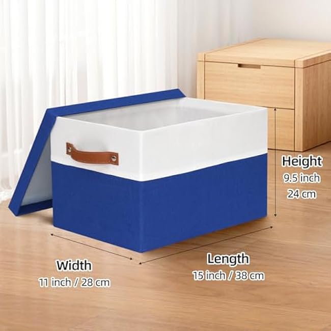 Fabric Storage Bins with Lids, 15x11x9.5 Inch Collapsible Organizer Baskets for Shelves, Closets, Storage Rooms, Home Decor, 2 Pack, White & Blue