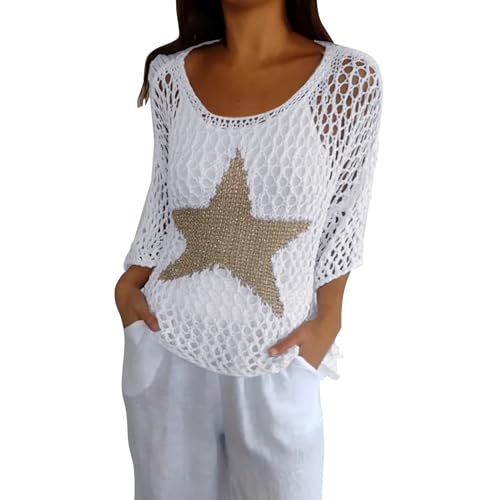 Pull col rond motif étoile pour un look de vacances décontracté et lumineux