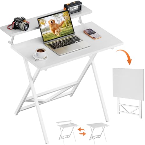 Image of WOHOMO Folding Computer Desk with Adjustable Height, 23.6 inch x 31.5 inch x 25.6 inch Foldable Table with Monitor Stand, Small Office Desk for Bedroom, Space Saving Desk for Home Office, Easy Assemble, White