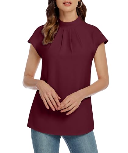 Image of Funlingo Womens Summer Tops Mock Neck Short Cap Sleeve Blouses Business Casual Work Chiffon Shirts Front Pleated Tunic Top