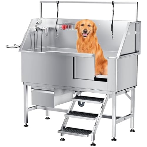 Dog Washing Station 46" Dog Grooming Tub with Right Stair& Faucet, Dog Bathtub for Large,Medium,Small Pets, Stainless Steel Dog Bathing Station for Home