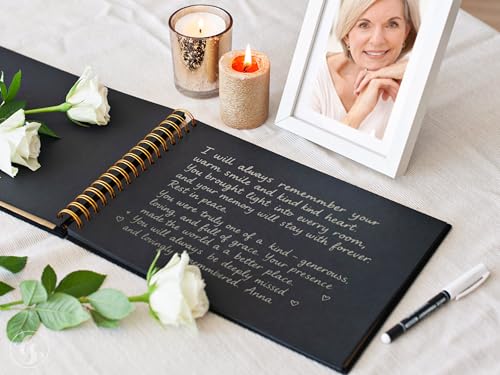 Image of Funeral Guest Book for Memorial or Celebration of Life - Velvet Hardcover with Photo Frame - Includes Pen or Marker and Sign (Black - Large)